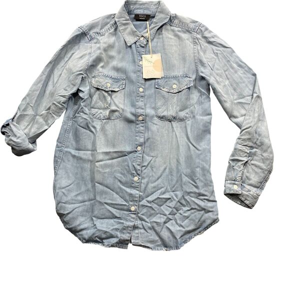 VICI New w/ Tags Medium Womens Roll Up Long Sleeve Button Up Distressed - Picture 1 of 5